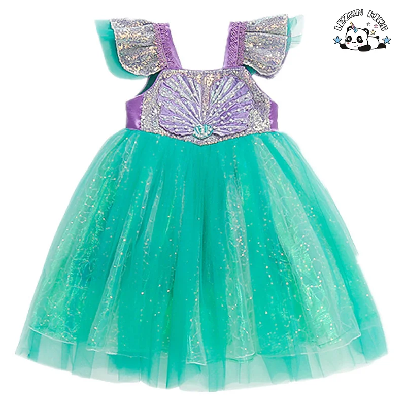 LEZONKIDS - High Quality Wholesale Sequin Mesh Dress Small Flying Sleeves Luminous Birthday Girls Dress